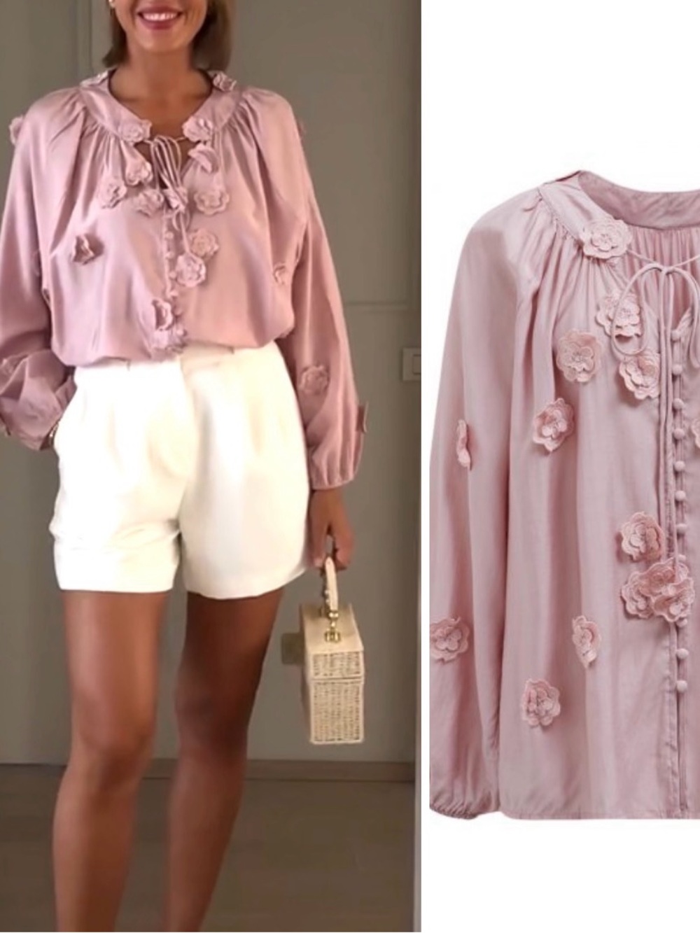 MINKAS ROMANTIC BLOSSOM 3D LACE FLOWERS BUTTONED SHIRT IN PINK Medium